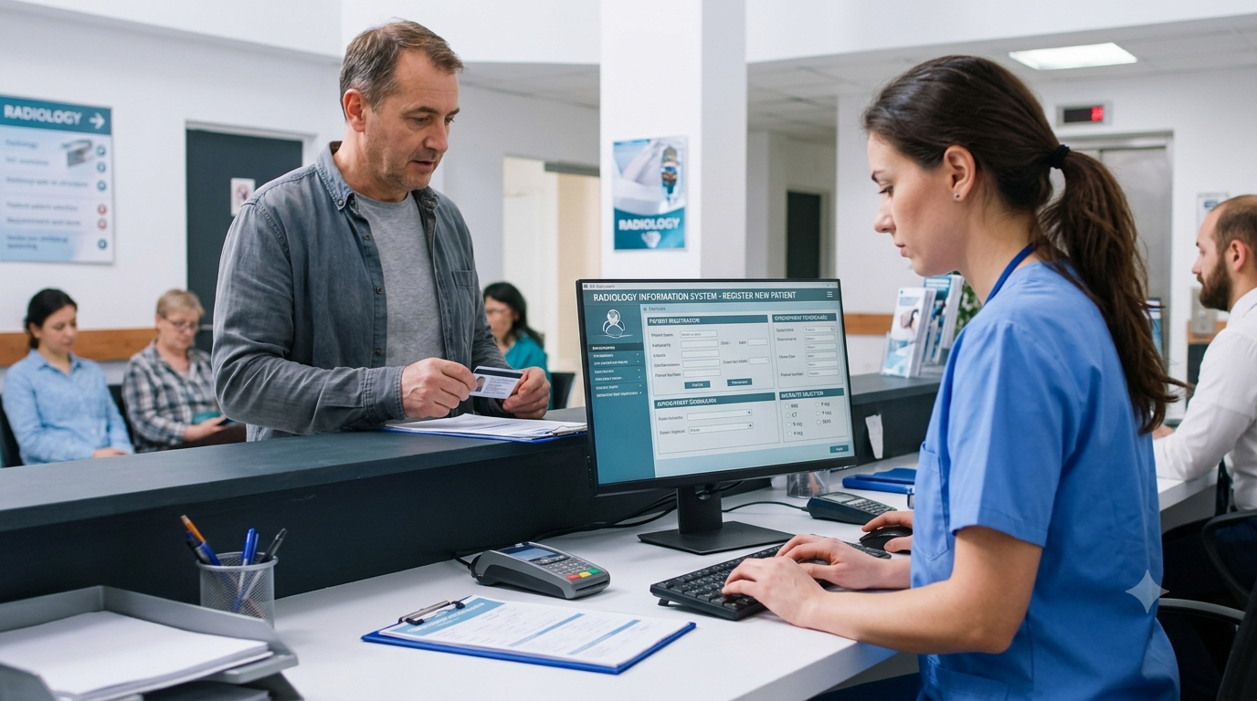 Clinic receptionist registering a patient