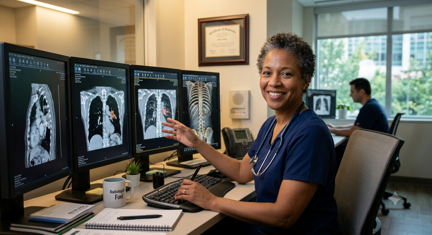 Radiologist reviewing an AI-assisted report